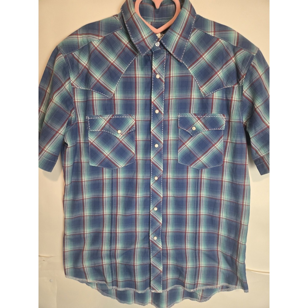 Vintage Y2K Wrangler Pearl Snap‎ Western Shirt Size Medium Blue Check Plaid